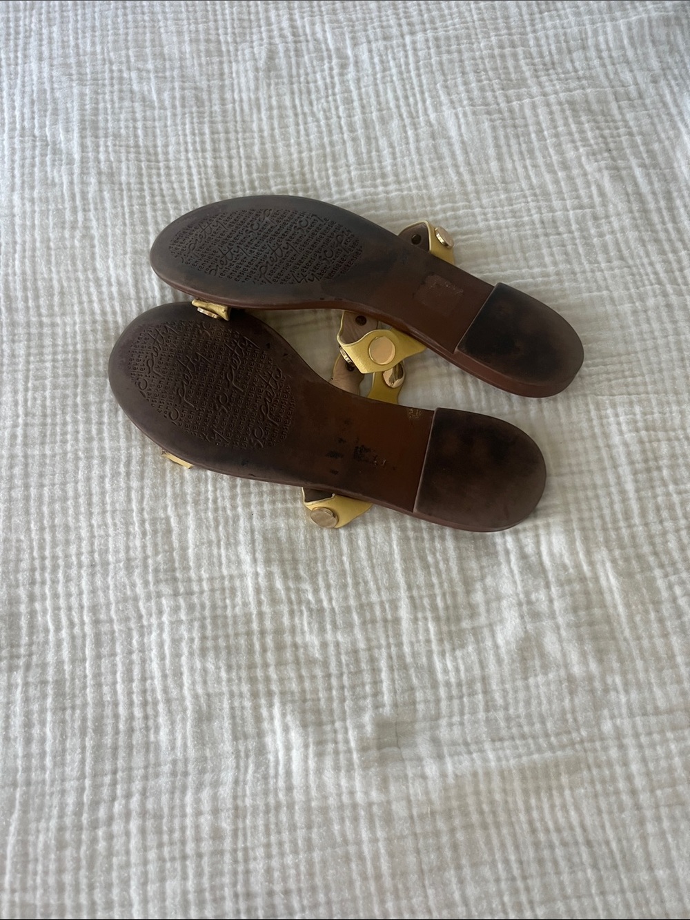 Kensie Yellow Slide Sandals with Gold Coin Studs - Picture 3 of 3